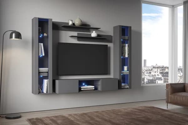 Стенка в гостиную, тв тумба подвесная POINT-412331PSG, Серый Графит, 240х170х40 см. (ШхВхГ)