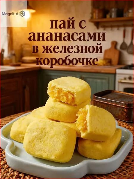 Пай с ананасом в жестяной коробке, мягкая выпечка с ананасовой начинкой