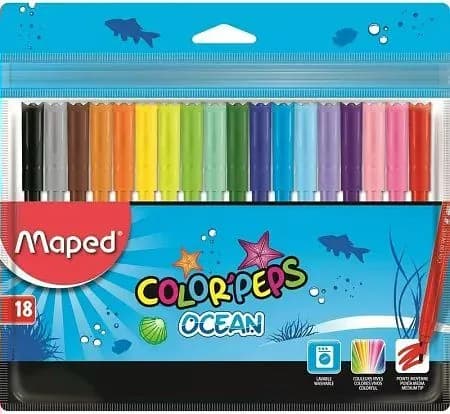 Фломастеры 18 цветов Maped Colorpeps Ocean смываемые, невентилируемый колпачок