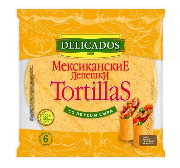 Лепешка мексиканская Delicados Тортилья пшеничная со вкусом сыра 25см 1200г, 18шт (3 упаковки по 400 г, по 6шт)