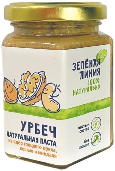 Паста Зеленая линия Урбеч из ядер грецкого ореха кешью и миндаля 190г