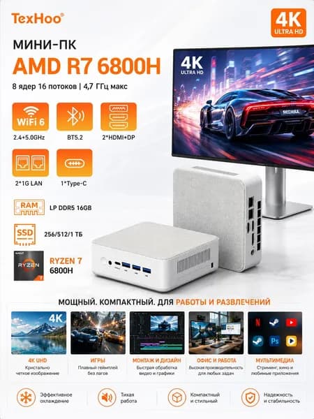 TexHoo Мини-ПК ZNRS5 (AMD Ryzen 7 6800H, RAM 16 ГБ, SSD 1000 ГБ, AMD Radeon 680M, Windows 11 Pro), Игровой мини-ПК Ryzen7 6800H, белый