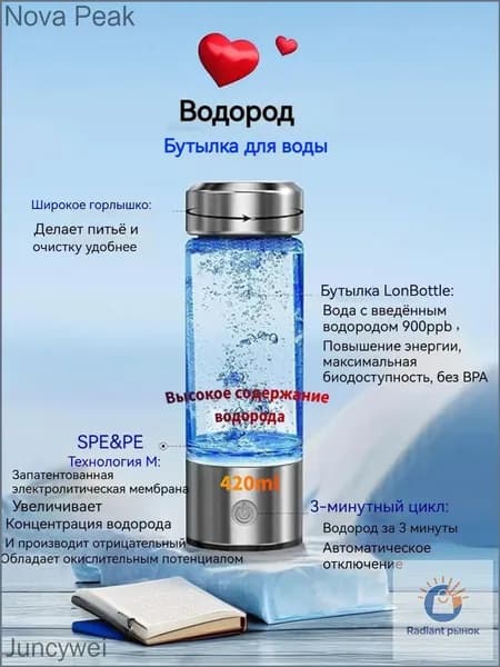 Премиум генератор водородной воды, 420 мл, SPE/PEM 900ppb, с USB зарядкой, без BPA