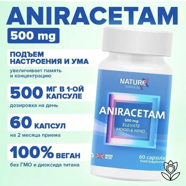 Анирацетам Aniracetam 500 mg 60 капсул "Elevate Mood & Mind" NatureX