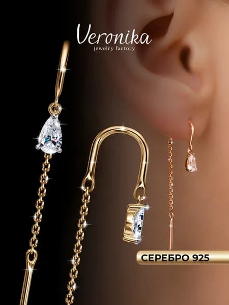 Серьги продевки серебро 925 позолоченное Капля с фианитами Veronika jewelry factory