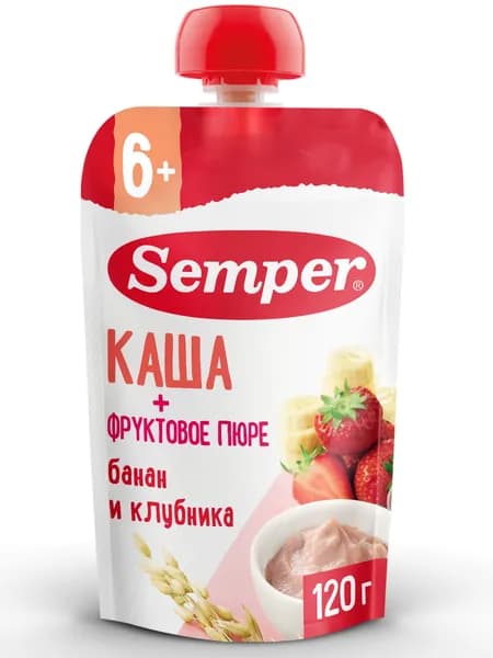 Пюре фруктовое с кашей детское Semper с 6 месяцев, Банан, клубника, злаки, 120 г