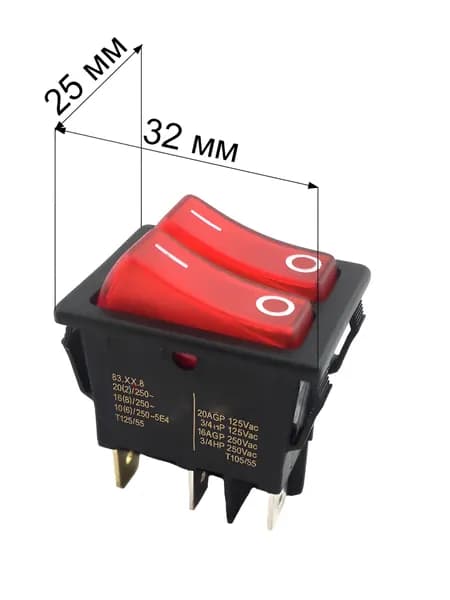 Выключатель клавишный двойной RCD6 (15A-250V), для водонагревателя, замена 3,65150778, 65150710
