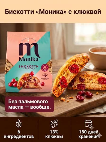 Итальянское печенье кантуччи с клюквой Бискотти Моника, 200 г - без пальмового масла, хрустящие сухарики к кофе и чаю