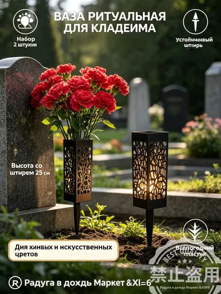 Ваза ритуальная для кладбища 2 шт черная уличная со штырем для цветов декор для украшения могилы и памятника на Радуницу