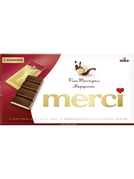 Merci, шоколад тёмный с начинкой из марципана, 50% какао, произведено в Германии, 112г / Мерси