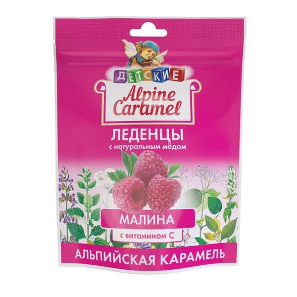 Alpine caramel леденцы альпийская карамель детские с натуральным медом и витамином с со вкусом малины 75 гр