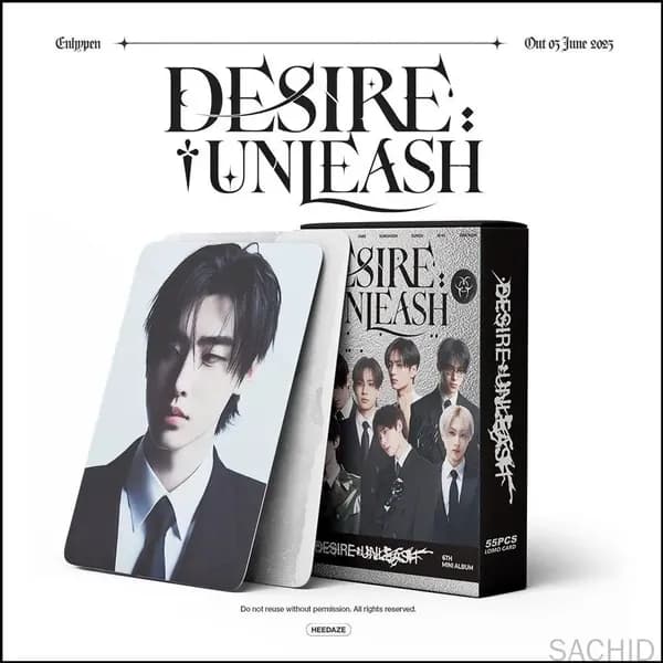 Эксклюзивный набор LOMOкарточек ENHYPEN DESIRE: UNLEASH, где представлены 55 единиц, включая постер, минифото и поздравительные открытки, выпущенных в 2025 году для преданных поклонников KPOP