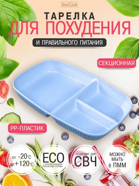 Секционная тарелка для похудения и ПП прямоугольная голубая