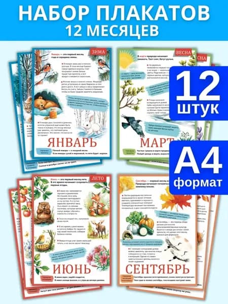 Набор обучающих плакатов на стену Временя года - 12 месяцев