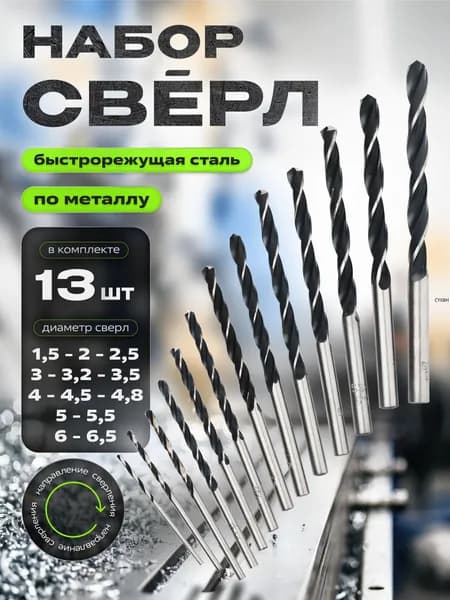 Набор сверл по металлу 1,5-6,5 мм. из 13 шт. Р6М5,