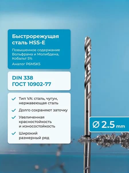 Сверло по металлу NORGAU Industrial HSSE, с крестообразной подточкой и шлифованным профилем, спиральное, 2.5 мм