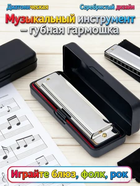 Губная гармошка с футляром, диатоническая, тональность С, серебристая