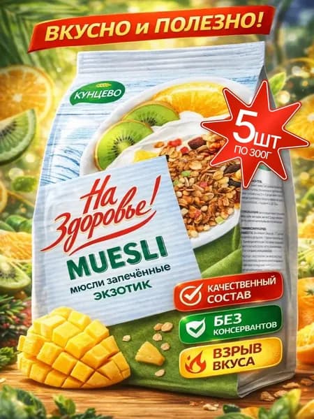 мюсли запеченные с фруктами "Экзотик" Кунцево "На Здоровье!" 5шт по 300г