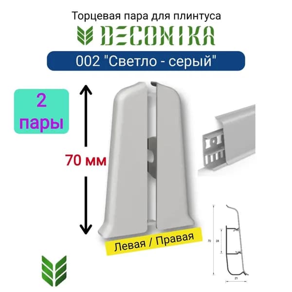 4 ШТ. Торцевая заглушка для плинтуса DECONIKA 70мм., Цвет 002 "Светло-серый" (2 левые, 2 правые)