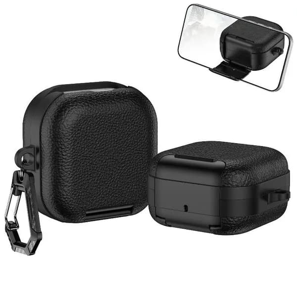 Дизайн с текстурой кожи для нового чехла Galaxy Buds 4 Pro / Galaxy Buds 4 (2026), Надежный замок, противоударный защитный чехол для наушников Samsung с карабином, Беспроводная зарядка(черный)