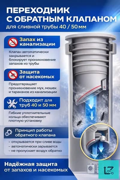 Обратный клапан для канализации 40,50 мм под раковину, переходник для сифона и гофры, антизапах, защита от насекомых