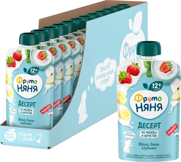 Десерт ФрутоНяня из яблок, бананов и клубники с молоком и сахаром, 90 г х 12 шт