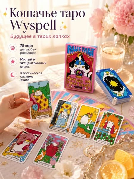Колода Таро с котиками Wyspell, 78 карт, для легкого и увлекательного гадания, уютная и позитивная энергия, для всех уровней, 1 шт.