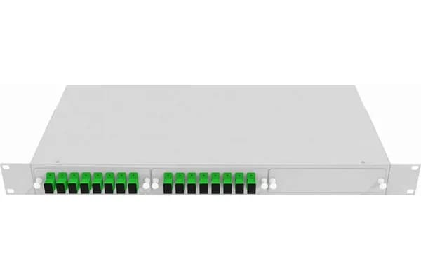 Кросс стоечный оптический VIMCOM 19'' укомплектованный 1U, 16 портов SC/APC, 9/125 мкм (планки, сплайс-кассета, пигтейлы, адаптеры, КДЗС), серый