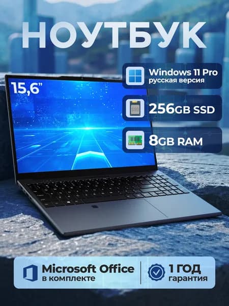 Ноутбук 15.6", Intel N95, RAM 8 ГБ, SSD 256 ГБ, Intel UHD Graphics, Windows Pro, серый, Русская раскладка