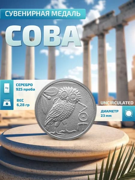 Монета-сувенир "Сова", Серебро 925, D23 мм, 6,28 гр.