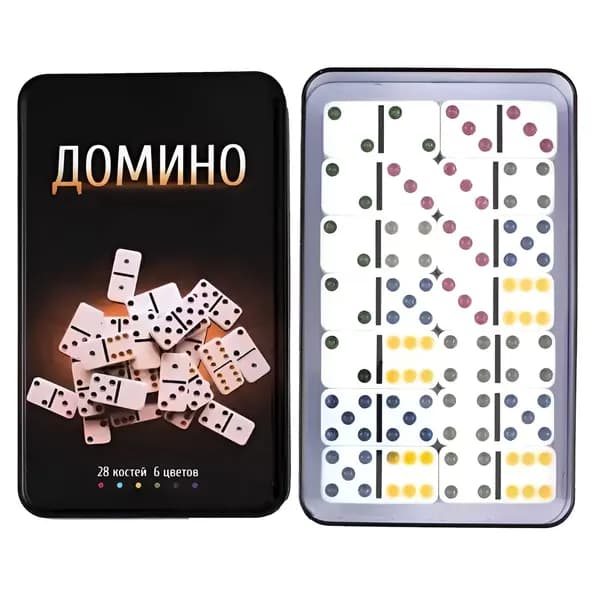 Домино классическое костяное в металлической коробке, цветные