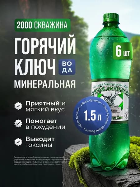 "Горячий Ключ 2000", 1,5 л, Минеральная вода питьевая газированная, лечебная, 6 шт.