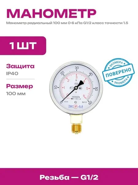 Манометр 0-6 кПа G1 2 дюйма диаметр 100 мм класс защиты IP40