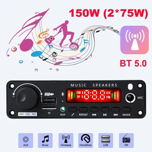 Bluetooth-декодерная плата 150 Вт с цветным дисплеем, Bluetooth 5.0, поддержка FLAC/WAV/MP3/APE, запись и громкая связь