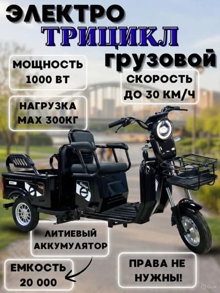 Электроскутер трехколесный, грузовой, с корзиной, 30 км/ч