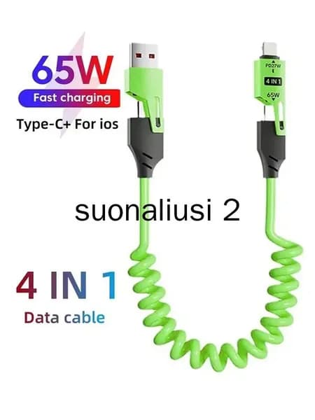 4in1 Кабель для быстрой зарядки TYPEC 65W с двойным наконечником, пружинный, автомобильный PD27W выдвижной кабель