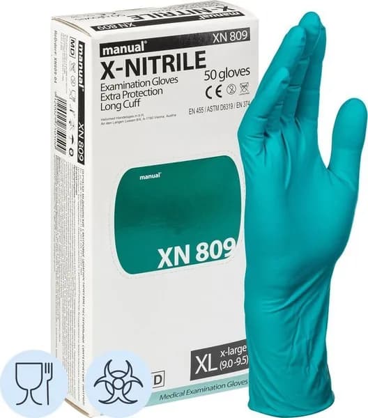 Перчатки медицинские смотровые Manual XN 809 нитриловые неопудренные удлиненные зеленые (размер XL, 50 штук/25 пар в упаковке)