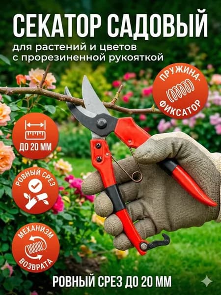 Секатор садовый с прорезиненной рукояткой,с верхней защелкой