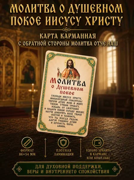 Двусторонняя ламинированная карточка Молитва о душевном покое Иисусу Христу и Отче Наш, православная иконка, 86х54 мм, оберег в сумку