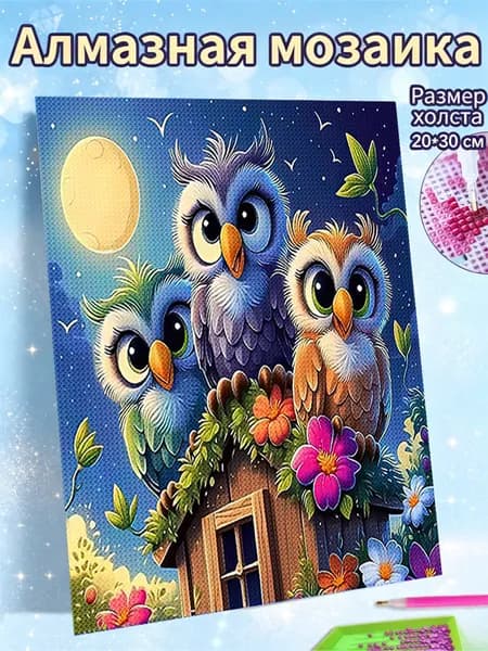 Алмазная мозаика холст 20X30 "Ночные совята"/ Картина алмазная стразами