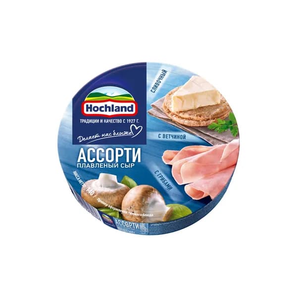 Сыр плавленый Синее ассорти: сливочный, с ветчиной, с грибами 50% 140 г, Hochland, порционный