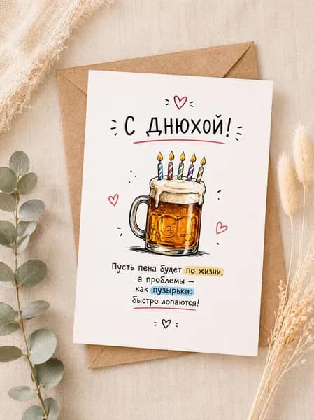 Открытка С Днюхой! с кружкой пива и свечами, 10 15 см, с крафт-конвертом