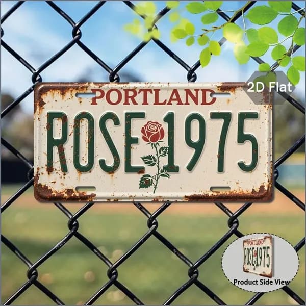 Табличка "Portland Rose 1975", ретро стиль, металл, декор с розой, 15х30 см.