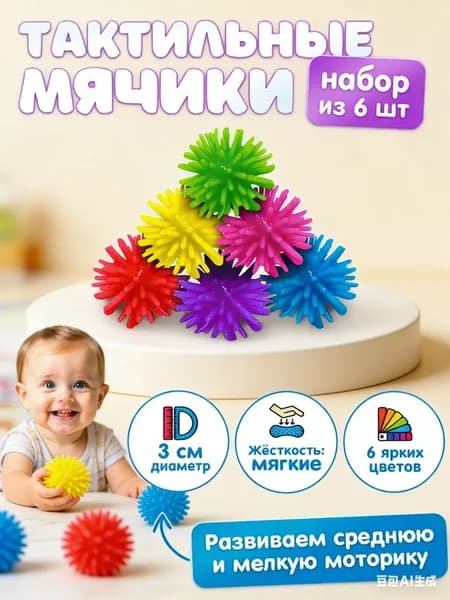 Мячи массажные 1 см, тактильные, сенсорные, развивающие, набор 6 шт. (разноцветные)
