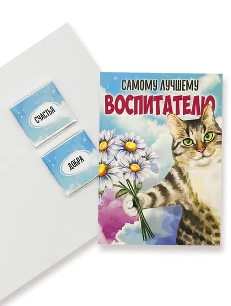 Открытка для детского сада, Самому лучшему воспитателю, Кот с цветами, 10 гр