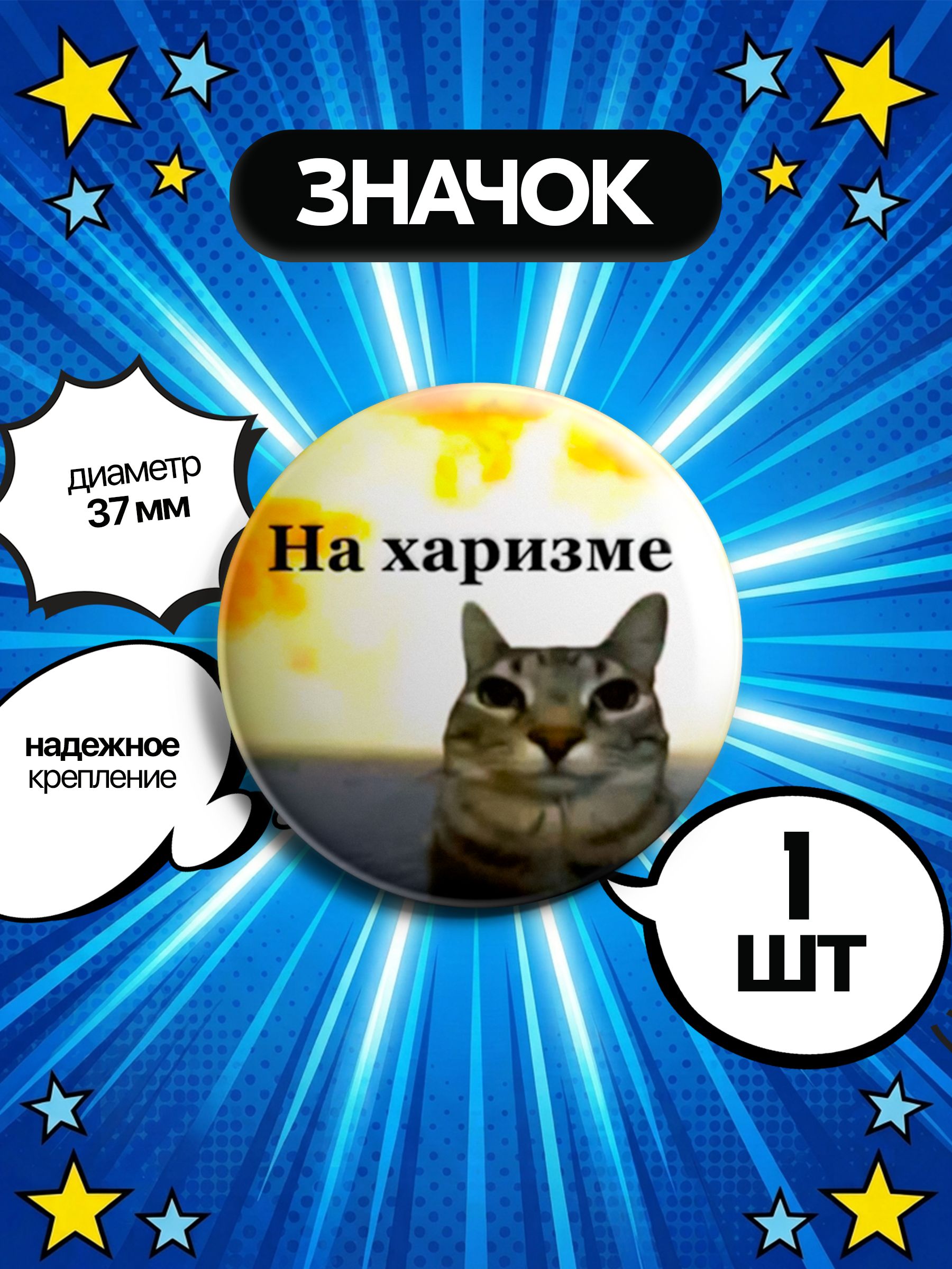 Значок на рюкзак 37 мм для одежды, для сумок. мем, кот.