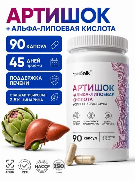 Артишок экстракт + альфа-липоевая кислота в капсулах, 90 капсул, грибnik