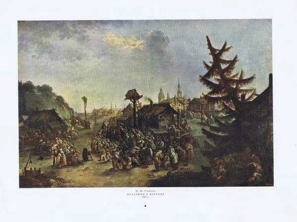 Гравюра антикварная. И. М. Танков (Тонков). Праздник в деревне. Хромотипия. СССР, Москва, 1954 год