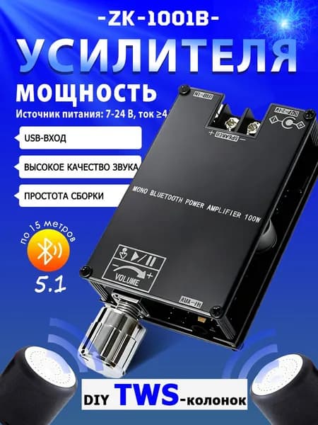 Моноусилитель мощности ZK-1001B 100 Вт Моно BT Аудио TWS Настоящая беспроводная связь