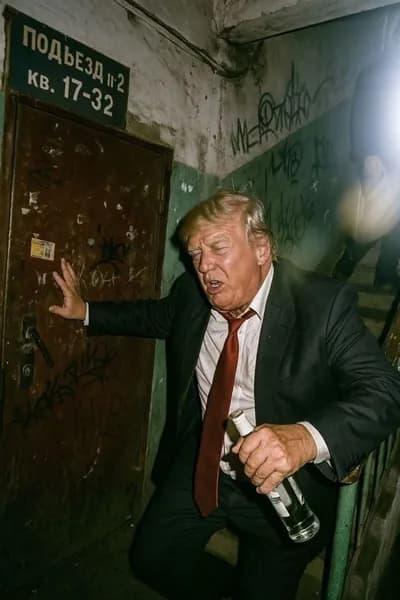 Табличка Мем Трамп "Трамп В Подъезде С Виски", ретро стиль, металл, декор для Любителя Абсурдных Политических Мемов, 20х30 см.